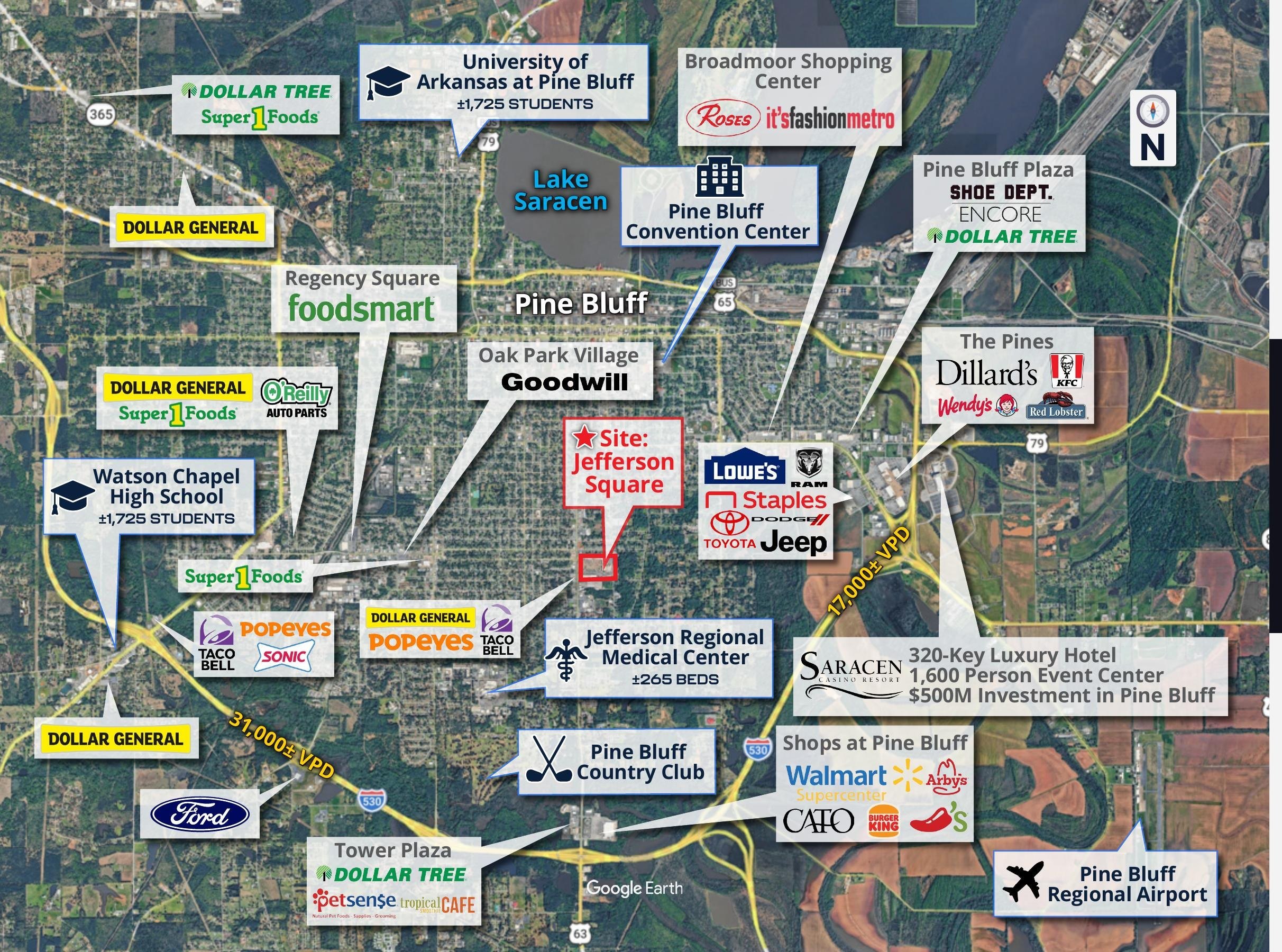 Market aerial identifying Jefferson Square within Pine Bluff, AR alongside surrounding retail centers, the University of Arkansas at Pine Bluff, Jefferson Regional Medical Center, Saracen Casino Resort, Downtown Pine Bluff and Pine Bluff Regional Airport