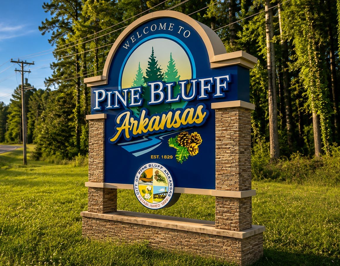 Welcome to Pine Bluff, Arkansas monument sign