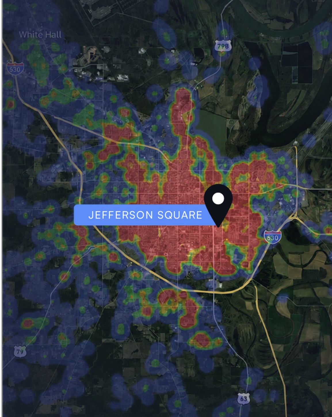 Placer.ai trade area heat map showing customer visitation to Jefferson Square in Pine Bluff, AR